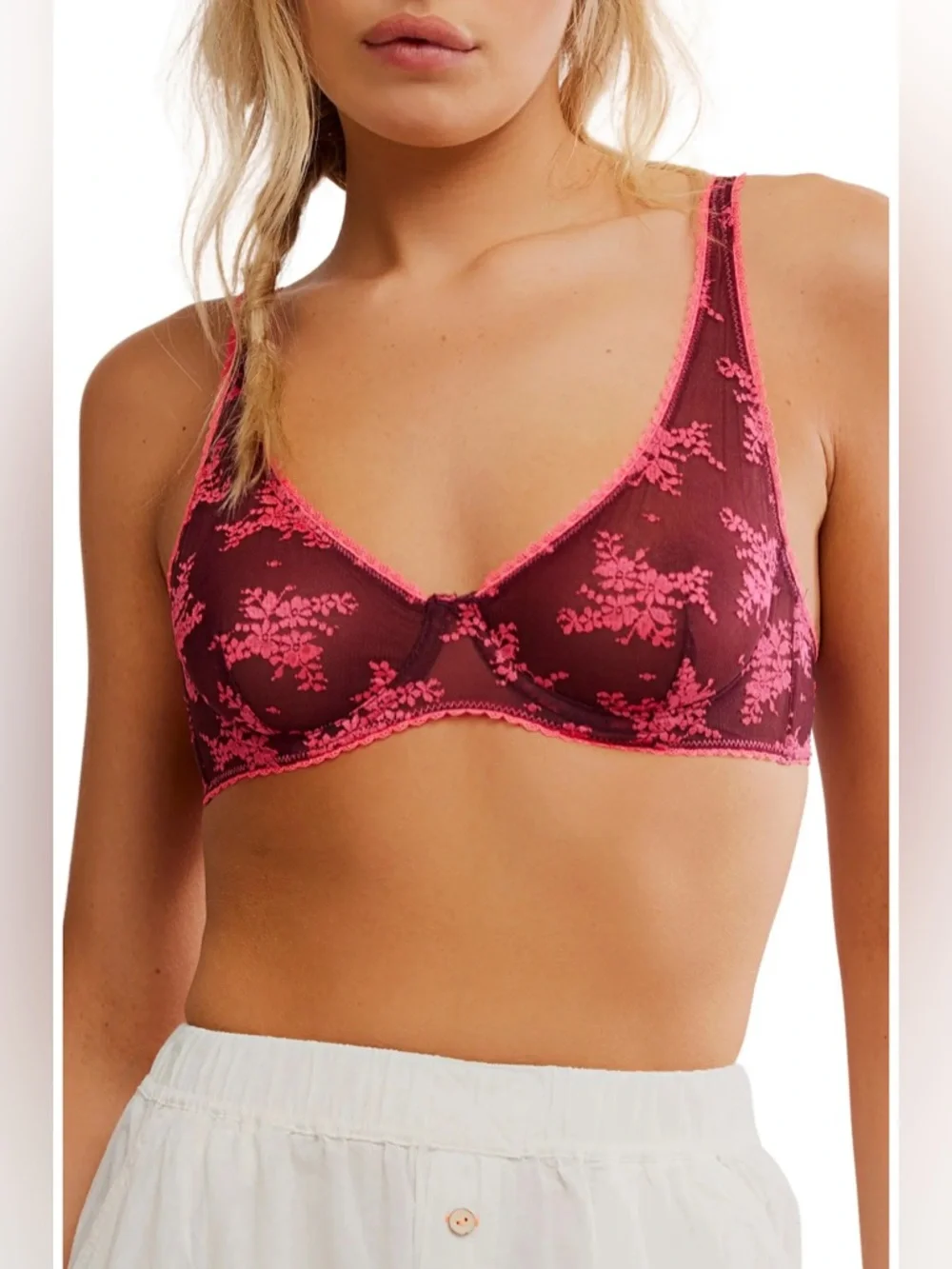 Free People Sheer Lace Underwire Bralette - Pink on Burgundy
